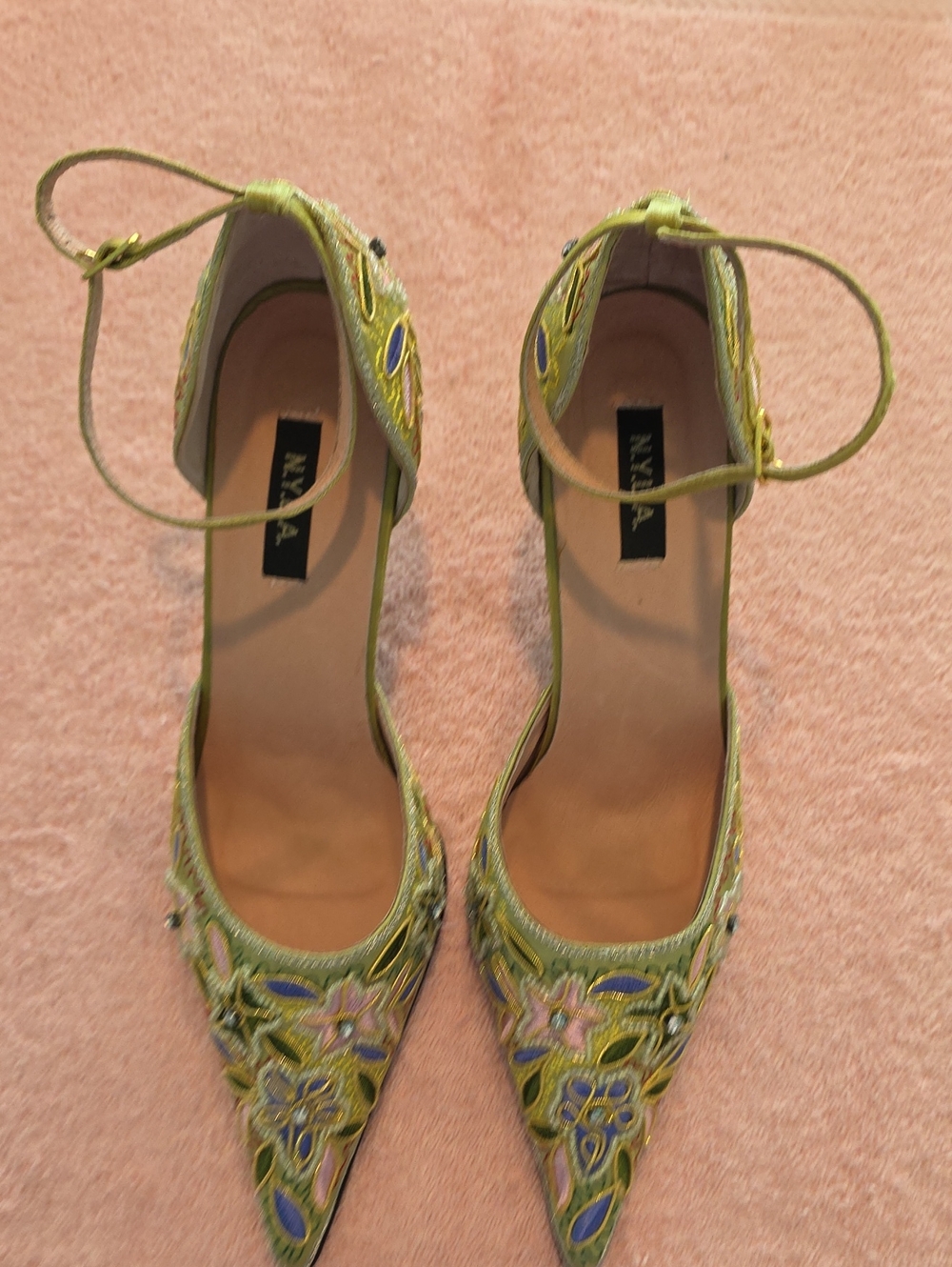 N.Y.L.A. Green Pointed-Toe Floral Embellished Ankle-Strap Pumps W/beading.